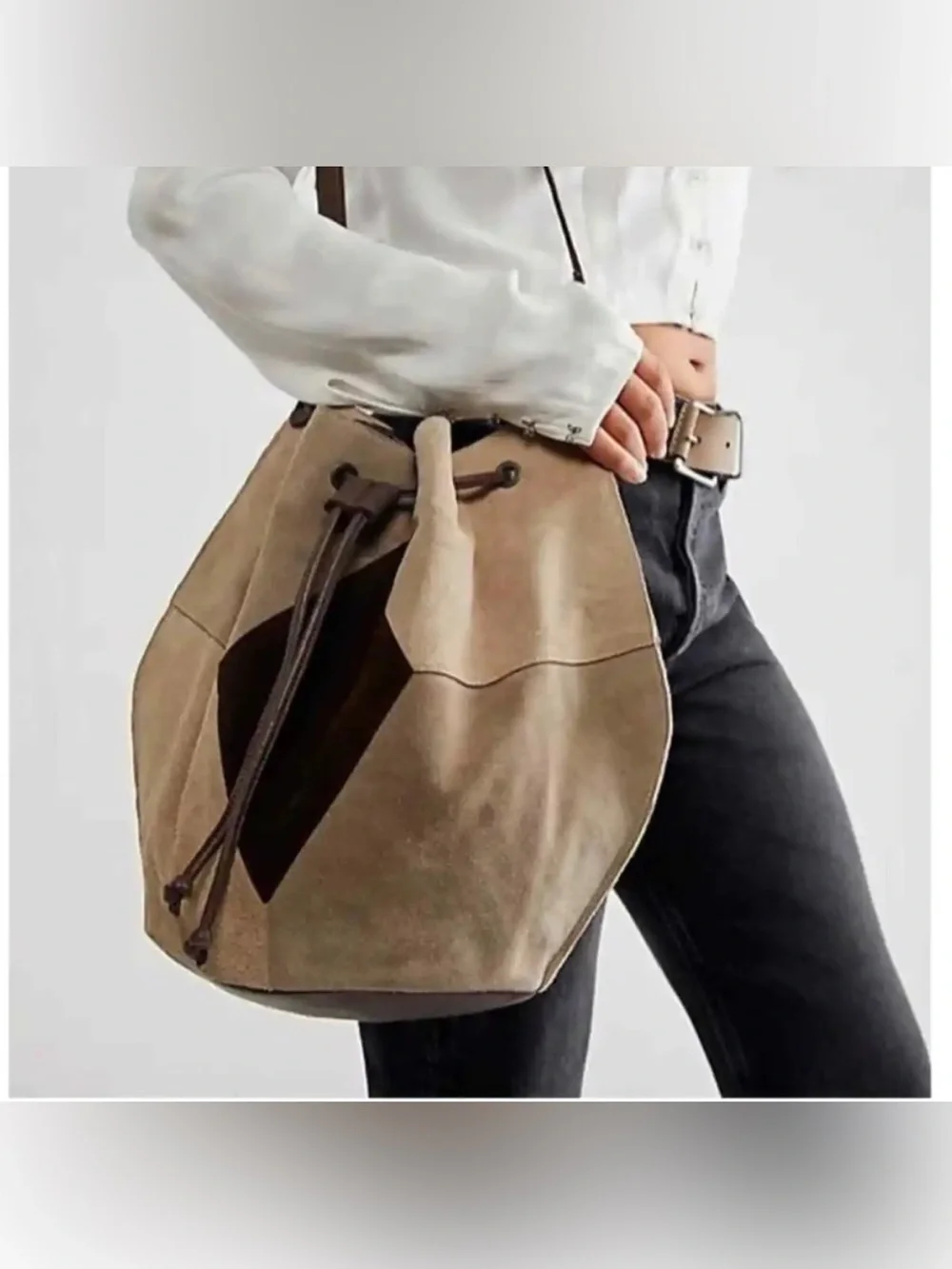 Free People Tovey Suede Bucket Bag Tan Drawstring